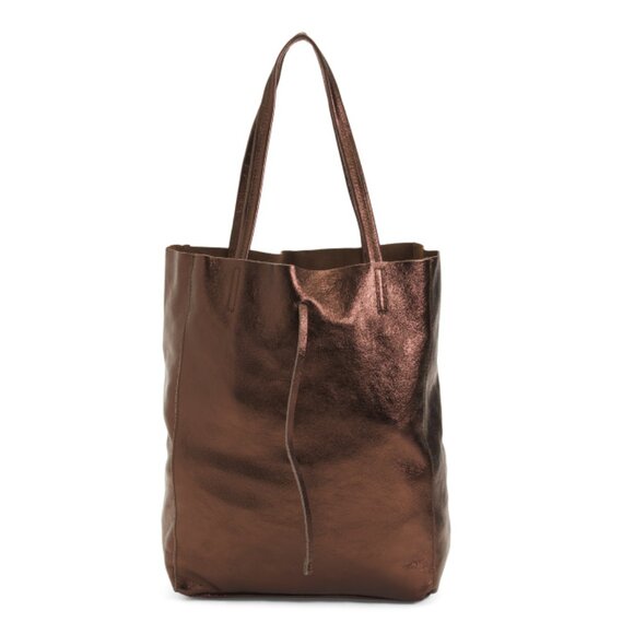 MARLON Chocolate Made In Italy Leather Unlined Shopper Big Tote - Picture 1 of 2